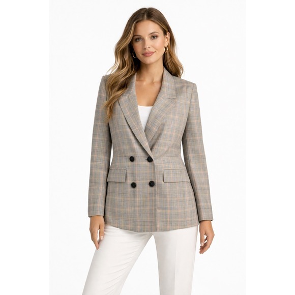 7th Avenue Design Studio New York & Company Jackets & Blazers - 7th‎ Avenue New York & Co Grey Plaid Double Breasted Blazer M Preppy Chic 80-27